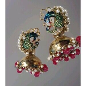 Dangle Earrings Peacock Jhumkas Ethnic India Dance Enamal Boho